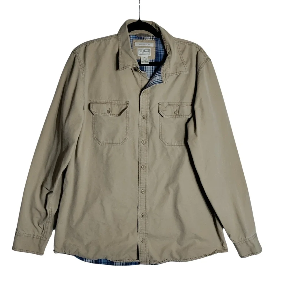 LL Bean Mens Tan Ripstop Flannel Lined Shirt Jacket Large Tall 300218 Khaki